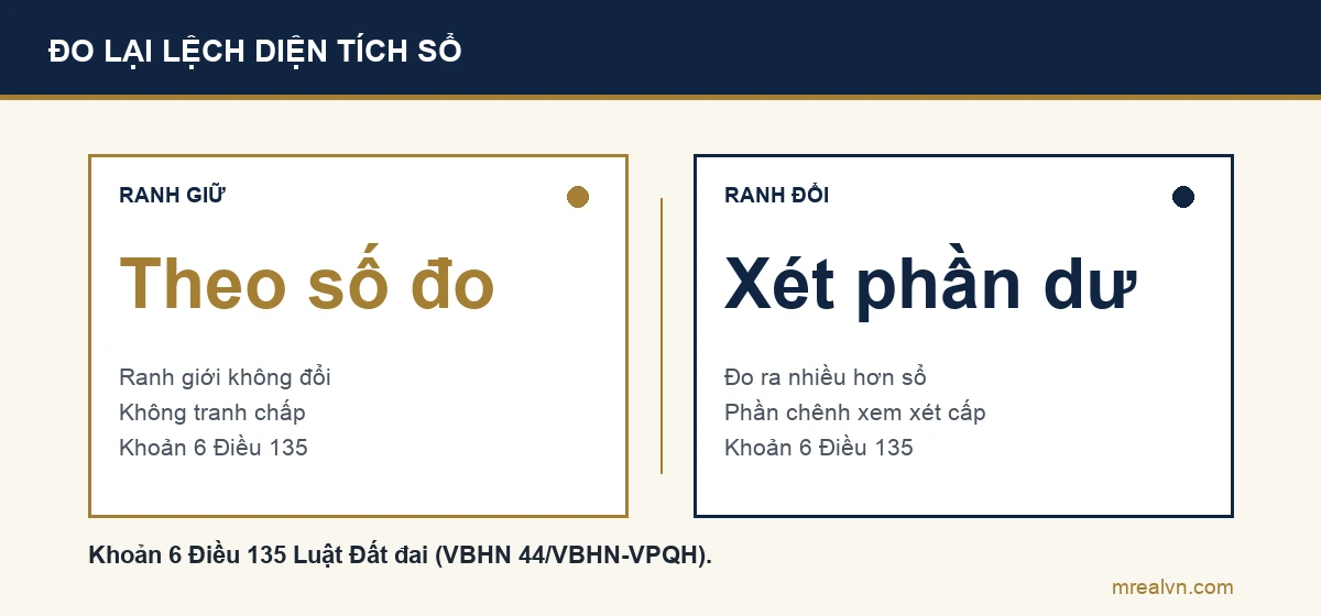 Sơ đồ so sánh: ranh giới không đổi, không tranh chấp thì diện tích theo số đo thực tế; ranh giới có thay đổi và đo ra nhiều hơn thì phần chênh được xem xét cấp sổ, theo khoản 6 Điều 135 Luật Đất đai