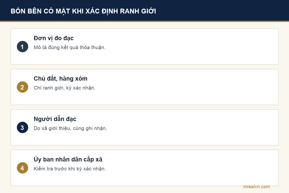 Bảng bốn dòng: đơn vị đo đạc mô tả đúng kết quả thỏa thuận; chủ đất và hàng xóm liền kề chỉ ranh giới và ký; người dẫn đạc do Ủy ban nhân dân cấp xã giới thiệu; Ủy ban nhân dân cấp xã kiểm tra trước khi ký xác nhận