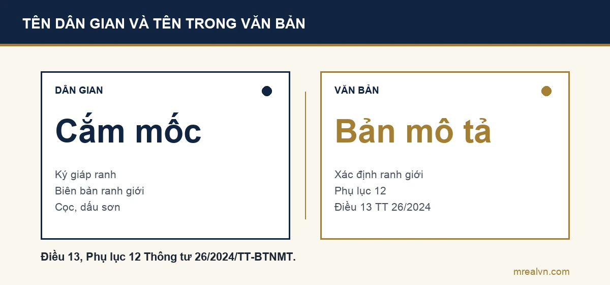 Sơ đồ so sánh: dân gian gọi là cắm mốc, ký giáp ranh, biên bản xác định ranh giới; Thông tư 26/2024/TT-BTNMT gọi là xác định ranh giới thửa đất trên thực địa và Bản mô tả ranh giới, mốc giới thửa đất theo Phụ lục 12