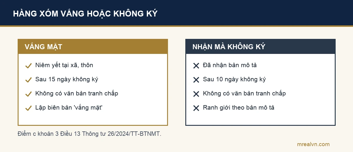 Sơ đồ hai cột: hàng xóm vắng mặt thì bản mô tả niêm yết tại xã và nhà văn hóa thôn, sau 15 ngày không ký thì lập biên bản; hàng xóm nhận bản mô tả mà không ký, sau 10 ngày không có văn bản tranh chấp thì lập biên bản, ranh giới theo bản mô tả