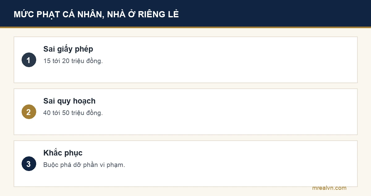 Bảng mức phạt cá nhân với nhà ở riêng lẻ theo Nghị định 339/2026: sai nội dung giấy phép xây dựng mới 15 đến 20 triệu đồng; không đúng quy hoạch được phê duyệt 40 đến 50 triệu đồng; buộc phá dỡ phần vi phạm