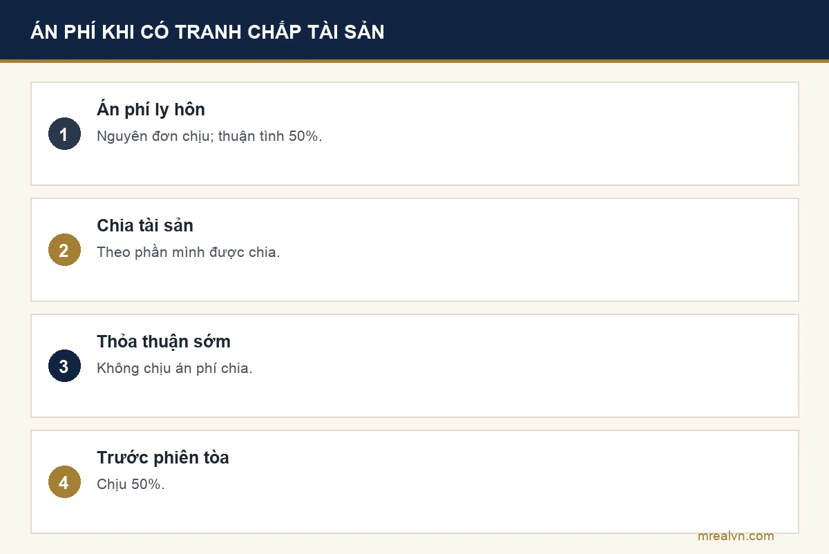 Bảng bốn dòng theo khoản 5 Điều 27 Nghị quyết 326/2016/UBTVQH14: án phí ly hôn nguyên đơn chịu, thuận tình mỗi bên 50%; chia tài sản mỗi bên chịu theo phần được chia; tự thỏa thuận trước hòa giải không chịu án phí chia tài sản; thỏa thuận sau hòa giải trước phiên tòa chịu 50%