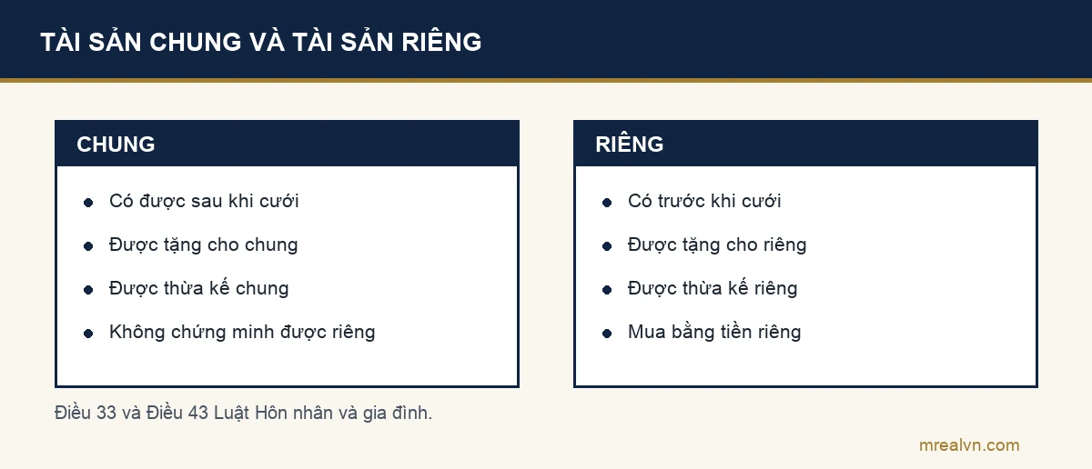 Sơ đồ hai cột: tài sản chung gồm nhà đất có được sau khi cưới, được tặng cho chung, thừa kế chung, không chứng minh được là riêng; tài sản riêng gồm có trước khi cưới, được tặng cho riêng, thừa kế riêng, mua bằng tiền riêng