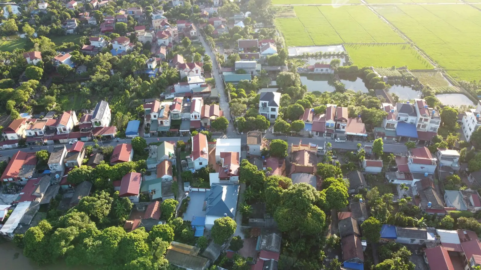 Ảnh chụp từ trên cao một làng quê Việt Nam với nhà ở xen vườn cây và ruộng lúa phía xa, minh họa đất ở và đất nông nghiệp