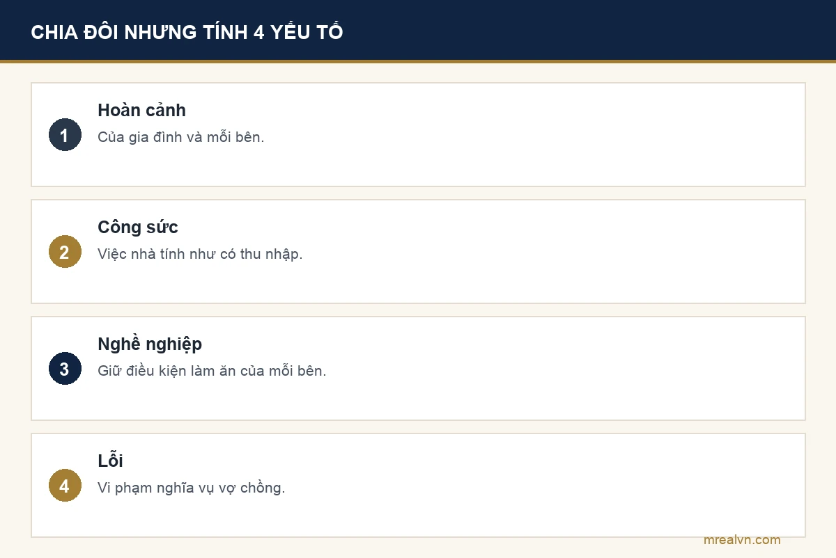 Bảng bốn yếu tố khi chia đôi tài sản chung theo khoản 2 Điều 59 Luật Hôn nhân và gia đình: hoàn cảnh gia đình và mỗi bên; công sức đóng góp, lao động trong gia đình được coi như lao động có thu nhập; bảo vệ lợi ích sản xuất, kinh doanh, nghề nghiệp; lỗi của mỗi bên