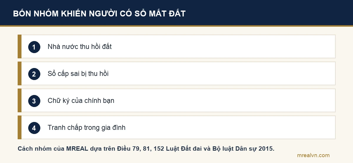Sơ đồ bốn nhóm đường khiến người có sổ đỏ mất đất theo cách sắp xếp của MREAL: Nhà nước thu hồi đất hoặc thu hồi sổ, chữ ký của chính chủ đất trên giấy ủy quyền, hợp đồng thế chấp, và tranh chấp trong gia đình về thừa kế, tài sản chung