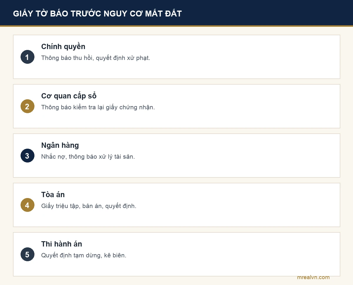 Bảng năm loại giấy tờ báo trước nguy cơ mất đất có sổ đỏ: thông báo thu hồi đất và quyết định xử phạt từ chính quyền, thông báo kiểm tra lại giấy chứng nhận, thư nhắc nợ và thông báo xử lý tài sản bảo đảm của ngân hàng, giấy triệu tập của Tòa án hoặc cơ quan thi hành án