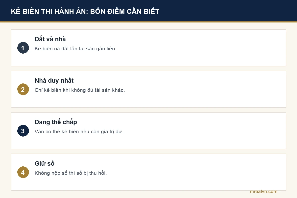 Bảng bốn điểm về kê biên quyền sử dụng đất theo Luật Thi hành án dân sự 2025: kê biên cả đất và tài sản gắn liền, nhà ở duy nhất xử lý sau cùng, đất đang thế chấp vẫn có thể bị kê biên, không nộp sổ thì Nhà nước thu hồi sổ