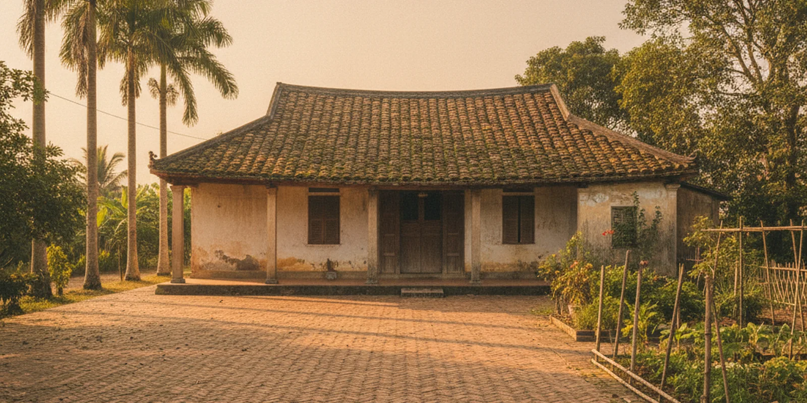 Ảnh ngôi nhà mái ngói cũ có sân gạch và cây cau ở nông thôn Việt Nam, minh họa đất do cha mẹ để lại chỉ đứng tên một người