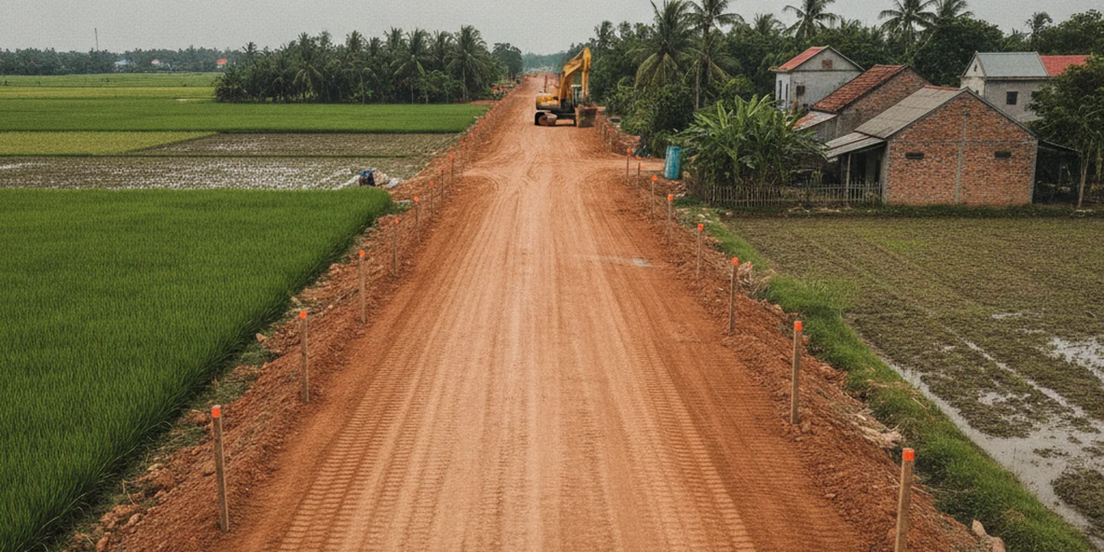 Ảnh khu đất ven đô đang được san lấp làm đường mới, bên cạnh là những ngôi nhà dân, minh họa đất có sổ đỏ bị Nhà nước thu hồi để làm dự án