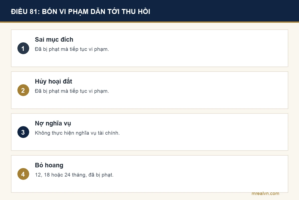 Bảng bốn vi phạm khiến đất có sổ bị thu hồi theo Điều 81 Luật Đất đai: dùng sai mục đích đã bị phạt mà tiếp tục, hủy hoại đất đã bị phạt mà tiếp tục, không thực hiện nghĩa vụ tài chính, bỏ đất nông nghiệp không dùng 12, 18 hoặc 24 tháng liên tục đã bị phạt