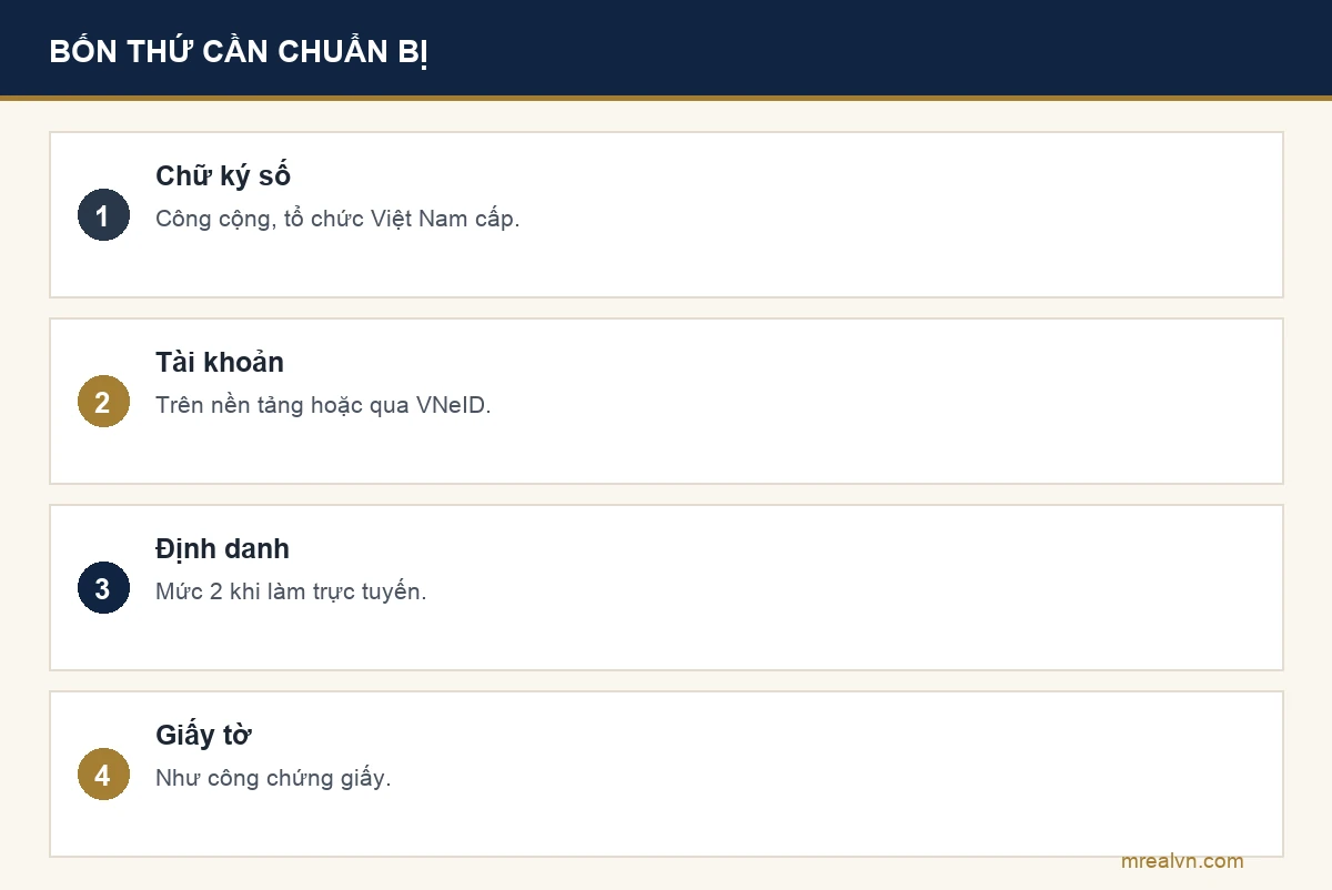 Bảng bốn dòng: chữ ký số công cộng do tổ chức Việt Nam cấp, tài khoản trên nền tảng hoặc qua VNeID, định danh điện tử mức 2 khi làm trực tuyến, giấy tờ như công chứng giấy