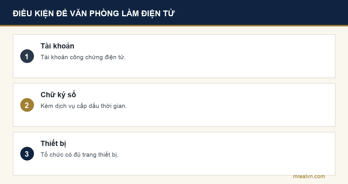 Bảng ba dòng: công chứng viên và tổ chức hành nghề phải có tài khoản công chứng điện tử, chữ ký số kèm dịch vụ cấp dấu thời gian, và đủ trang thiết bị