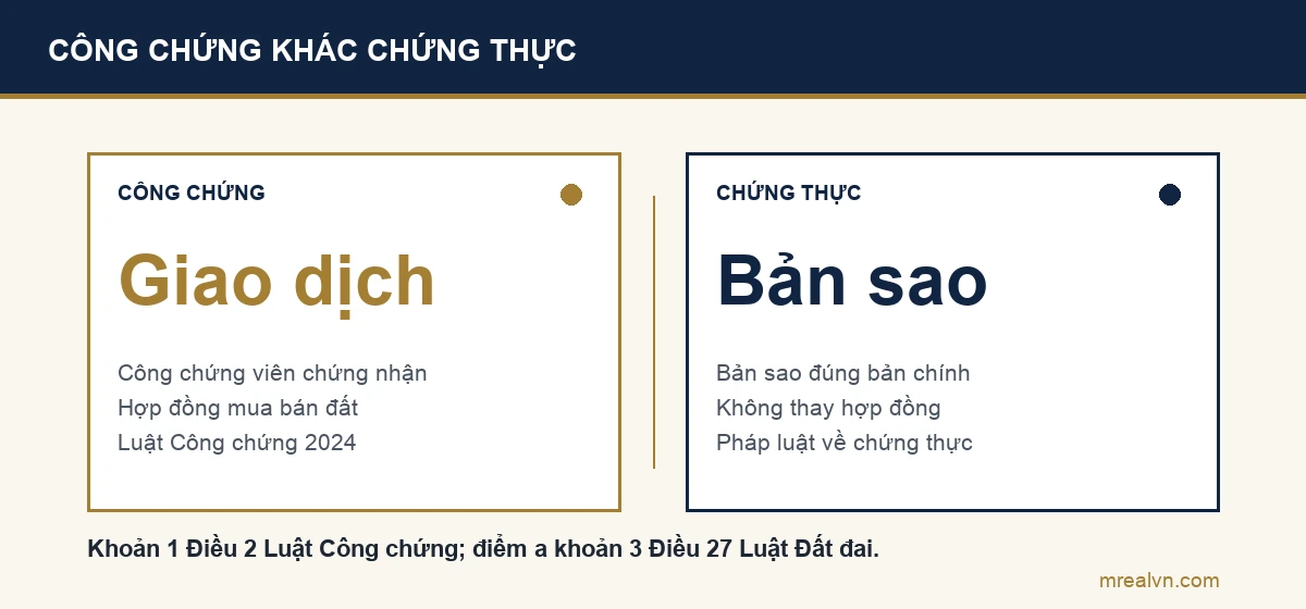 Sơ đồ so sánh: công chứng là công chứng viên chứng nhận giao dịch như hợp đồng mua bán đất theo Luật Công chứng; chứng thực bản sao chỉ xác nhận bản sao đúng bản chính, không thay hợp đồng