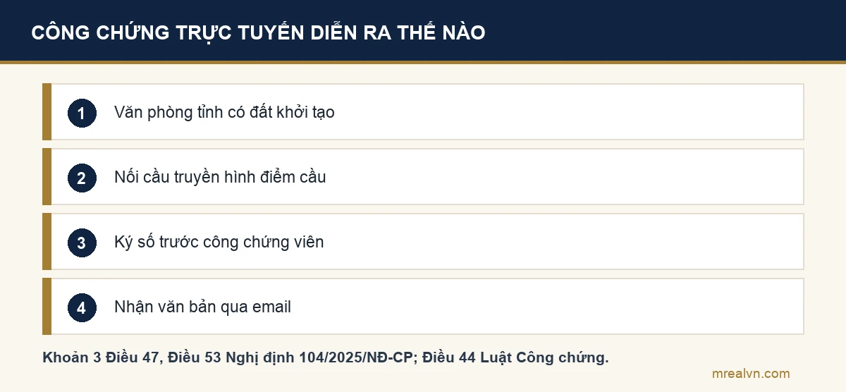 Sơ đồ bốn bước: văn phòng ở tỉnh có đất khởi tạo giao dịch, nối cầu truyền hình giữa các điểm cầu, mỗi bên ký số trước công chứng viên, nhận văn bản qua email