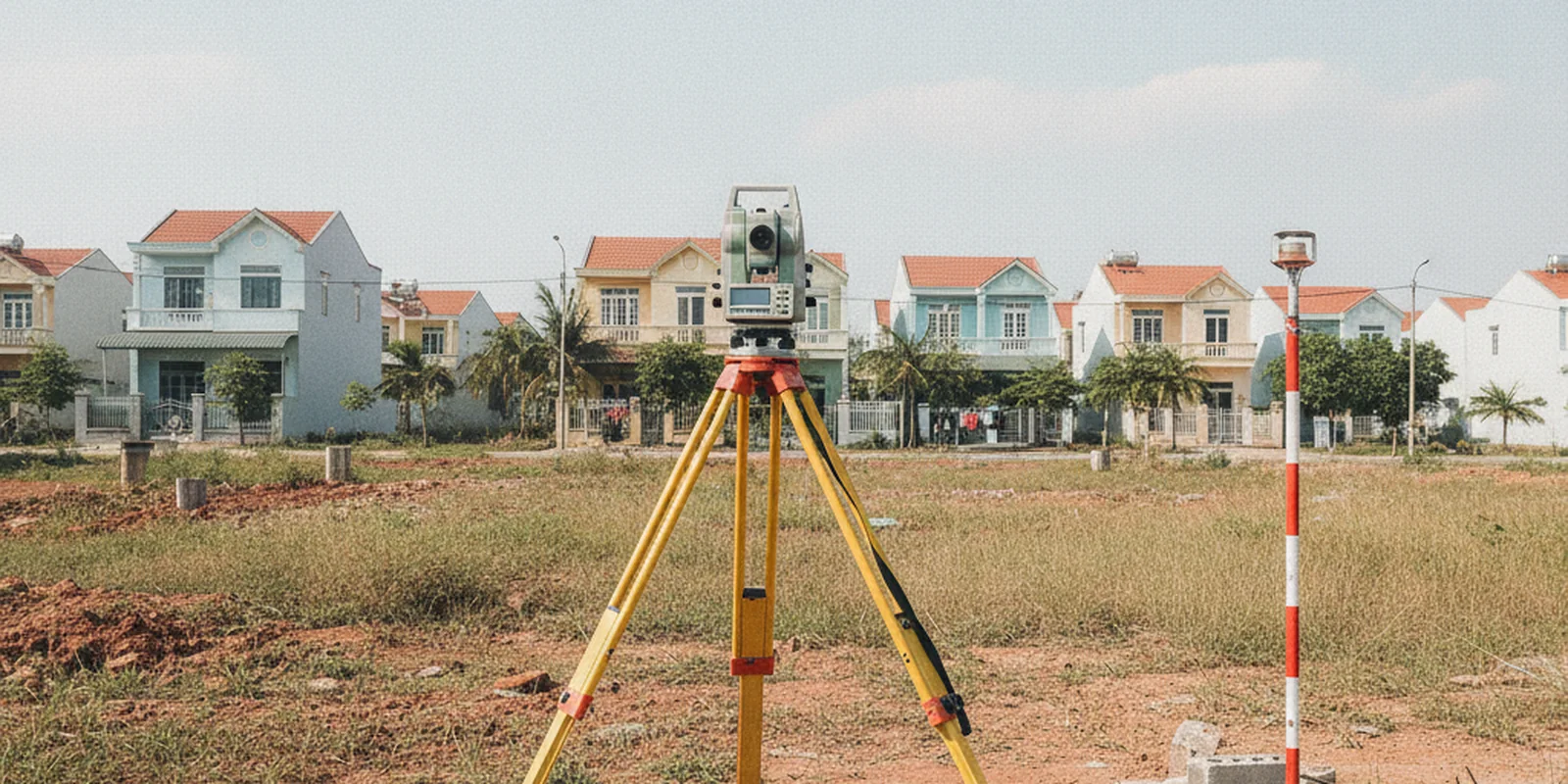 Ảnh máy đo đạc toàn đạc dựng trên chân ba càng giữa khu đất trống, minh họa việc đo hiện trạng để xác định phần đất bị lấn