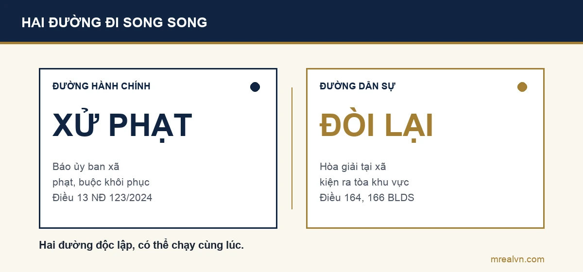 So sánh hai đường xử lý đất có sổ đỏ bị lấn chiếm: đường hành chính báo ủy ban xã để xử phạt và buộc khôi phục ranh giới, đường dân sự hòa giải rồi khởi kiện đòi lại đất