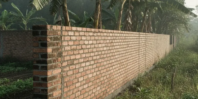 Ảnh bìa bài đất có sổ đỏ bị lấn chiếm: bức tường rào xây mới giữa hai khu vườn ở vùng ven đô Việt Nam