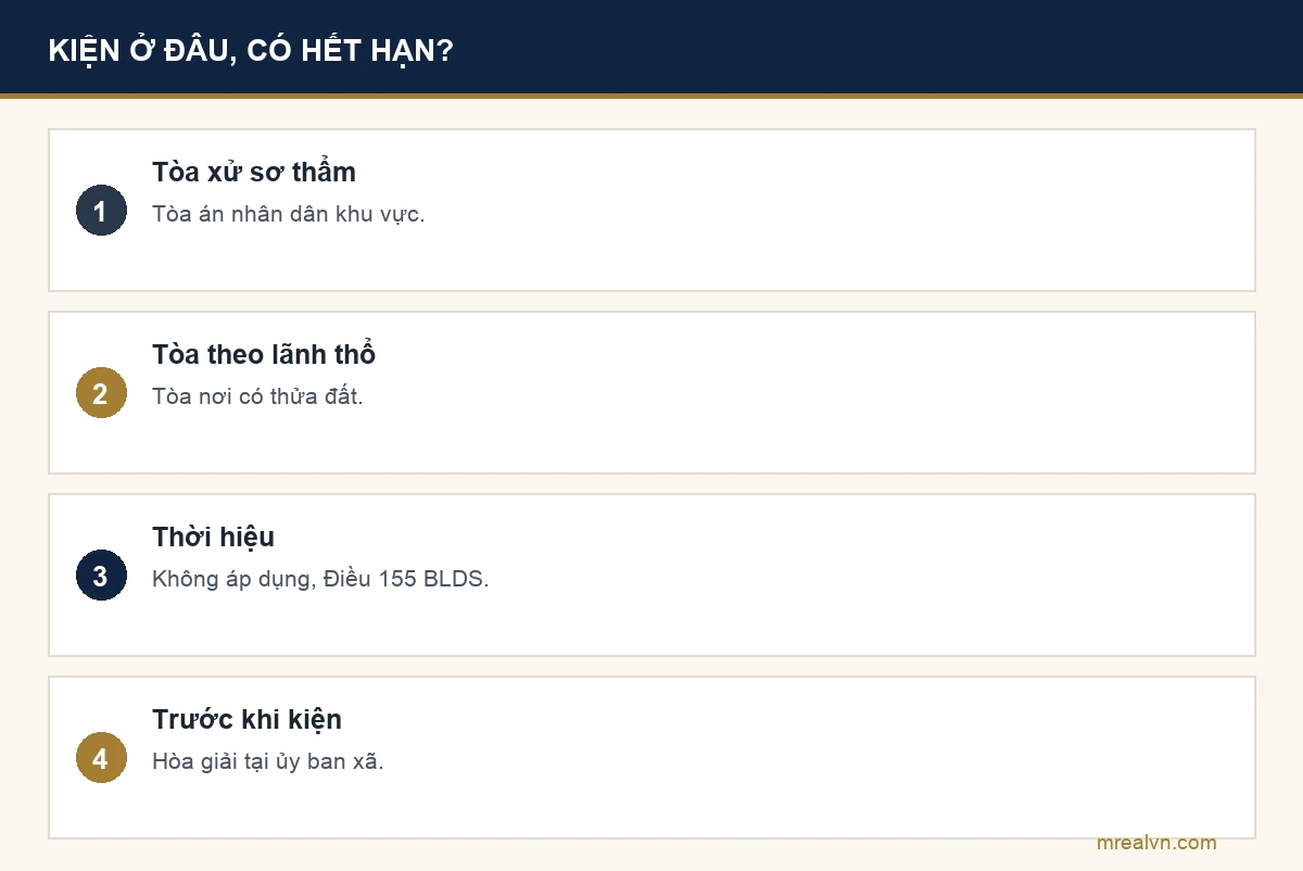Bảng khởi kiện lấn chiếm đất: Tòa án nhân dân khu vực xử sơ thẩm, tòa nơi có đất, tranh chấp quyền sử dụng đất không áp dụng thời hiệu, phải hòa giải tại xã trước