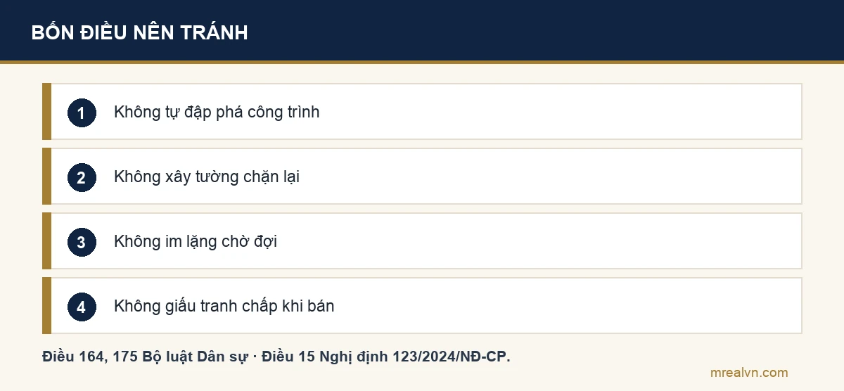 Bốn điều nên tránh khi đất bị lấn chiếm: không tự đập phá công trình, không xây tường chặn lại, không im lặng chờ, không bán đất mà giấu tranh chấp