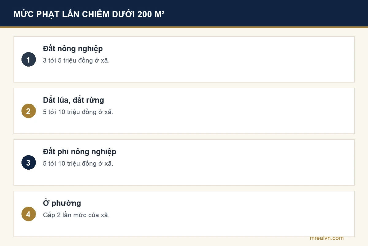 Bảng mức phạt lấn chiếm đất diện tích dưới 0,02 héc ta ở xã theo Điều 13 Nghị định 123/2024: đất nông nghiệp 3 tới 5 triệu, đất lúa và rừng 5 tới 10 triệu, đất phi nông nghiệp 5 tới 10 triệu, ở phường gấp đôi