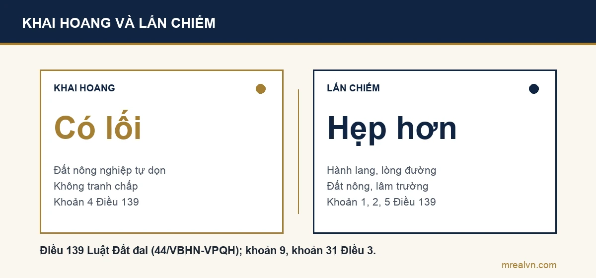 Sơ đồ so sánh: đất nông nghiệp tự khai hoang, không tranh chấp được cấp sổ theo khoản 4 Điều 139; lấn hành lang, lòng đường hoặc đất nông lâm trường đi theo khoản 1, 2 và vi phạm từ 01/7/2014 thì không cấp