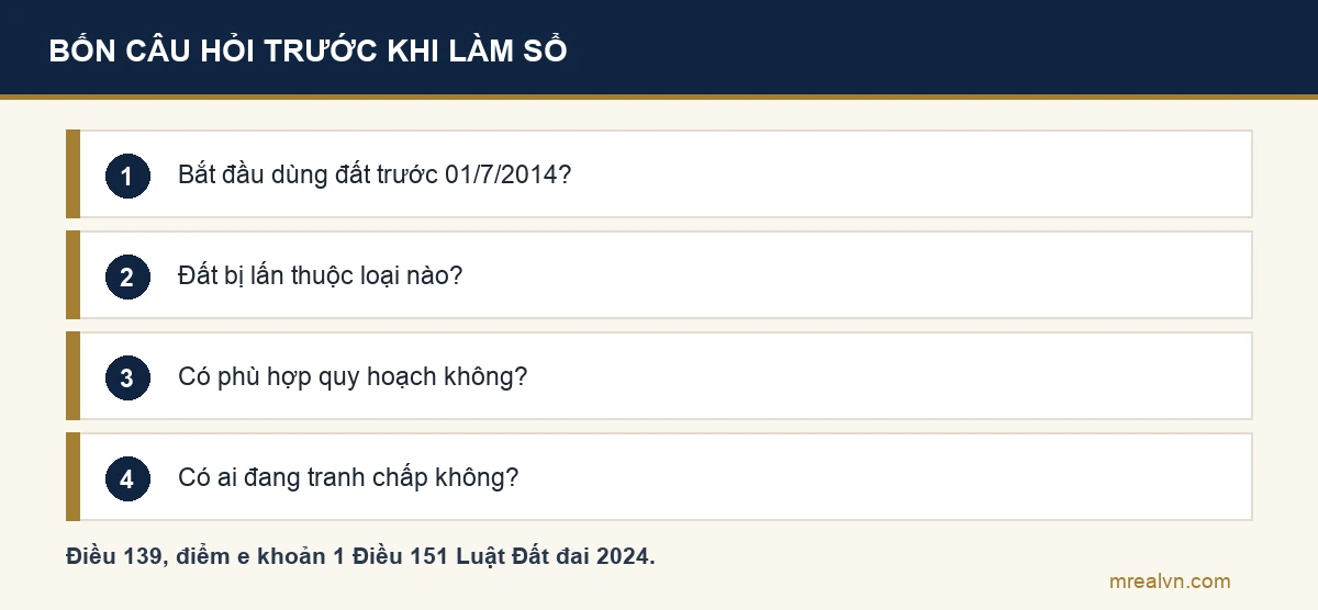Bốn câu hỏi quyết định đất lấn chiếm có được xem xét cấp sổ đỏ theo Điều 139 Luật Đất đai 2024: bắt đầu dùng đất trước 01/7/2014 chưa, đất bị lấn thuộc loại nào, có phù hợp quy hoạch không, có ai tranh chấp không