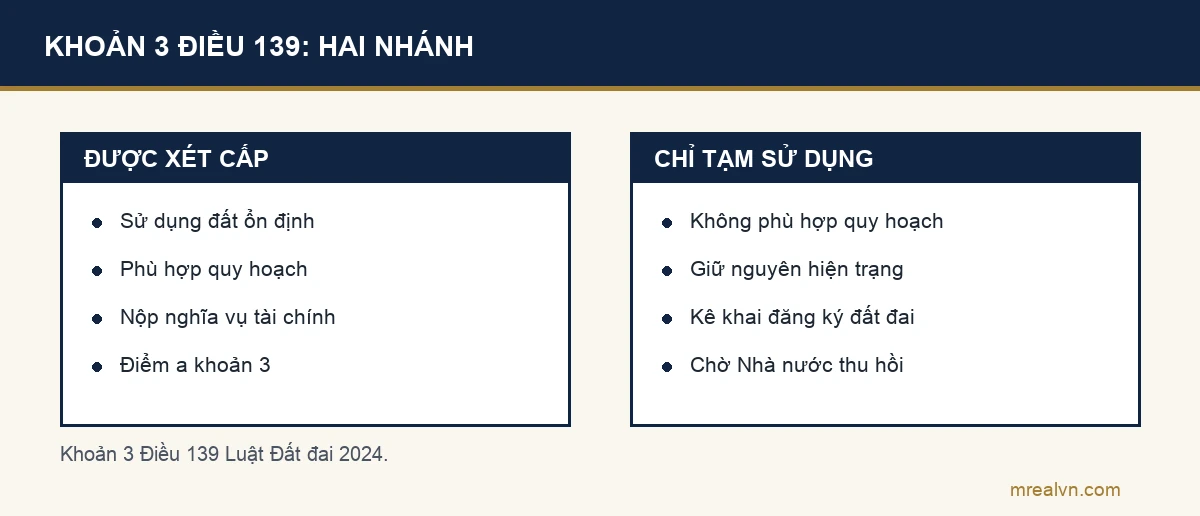 Sơ đồ hai cột theo khoản 3 Điều 139 Luật Đất đai 2024: sử dụng ổn định và phù hợp quy hoạch thì được xem xét cấp sổ, nộp nghĩa vụ tài chính; không phù hợp thì chỉ được tạm sử dụng tới khi Nhà nước thu hồi, giữ nguyên hiện trạng, kê khai đăng ký
