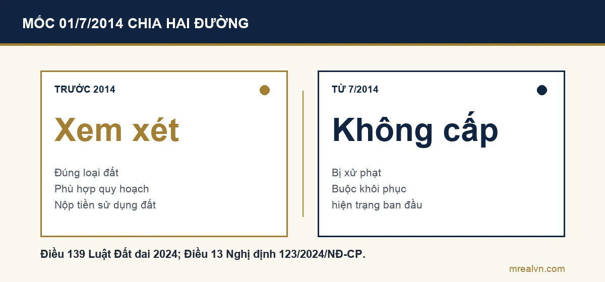 Sơ đồ so sánh đất lấn chiếm trước và từ ngày 01/7/2014 theo Điều 139 Luật Đất đai 2024: trước mốc thì có cửa xem xét cấp sổ nếu đủ điều kiện và phải nộp tiền; từ mốc trở về sau thì không được cấp và bị xử phạt