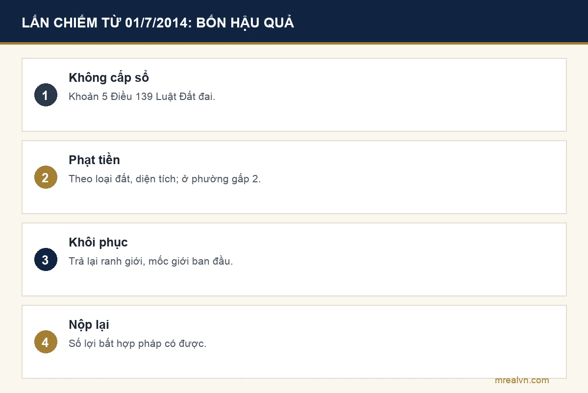 Bảng bốn hậu quả khi lấn chiếm đất từ ngày 01/7/2014: không được cấp sổ theo khoản 5 Điều 139 Luật Đất đai, bị phạt tiền theo loại đất và diện tích với mức ở phường gấp hai, buộc khôi phục ranh giới và mốc giới ban đầu, buộc nộp lại số lợi bất hợp pháp theo Điều 13 Nghị định 123/2024/NĐ-CP