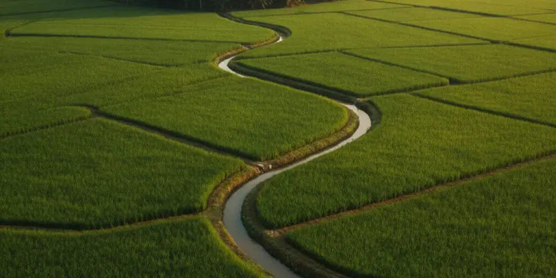 Ảnh bìa bài đất nông nghiệp có sổ đỏ không: cánh đồng lúa xanh ở nông thôn Việt Nam với bờ ruộng chia thửa