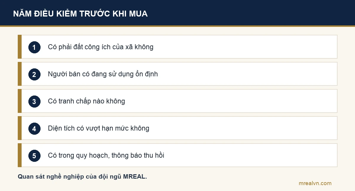 Năm điều nên kiểm trước khi mua đất nông nghiệp chưa có sổ đỏ: có phải đất công ích không, người bán có đang sử dụng ổn định không, có tranh chấp không, có vượt hạn mức không, có nằm trong quy hoạch thu hồi không