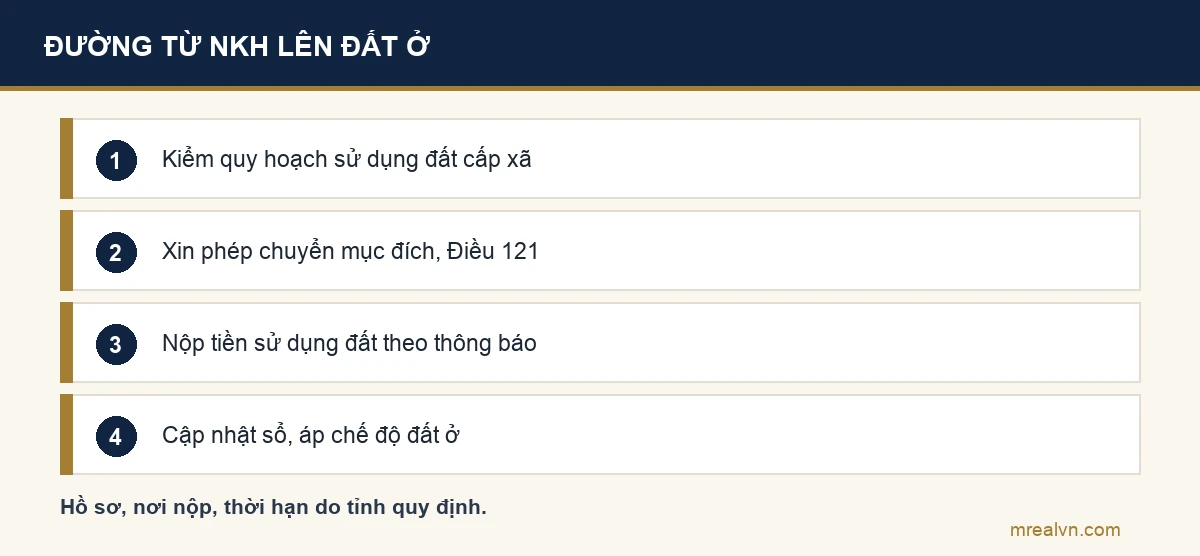 Các bước để đất nông nghiệp khác lên đất ở: kiểm quy hoạch sử dụng đất cấp xã, xin phép chuyển mục đích, nộp tiền sử dụng đất, đăng ký và nhận sổ mới