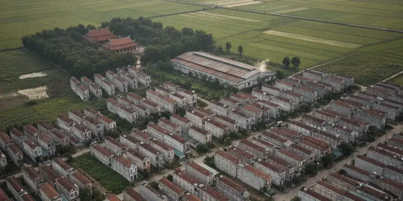 Ảnh bìa bài đất phi nông nghiệp là gì: một khu ven đô Việt Nam nhìn từ trên cao, dãy nhà ở xen với nhà xưởng, con đường và cánh đồng phía xa
