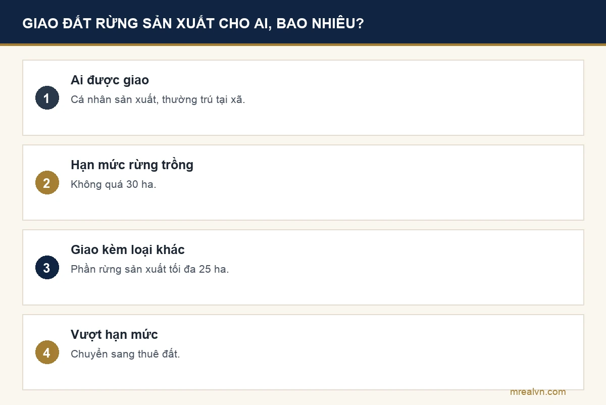 Bảng bốn dòng: cá nhân trực tiếp sản xuất nông nghiệp thường trú tại xã có rừng trồng được giao; hạn mức rừng trồng không quá 30 ha; được giao thêm cùng loại đất khác thì phần rừng sản xuất không quá 25 ha; vượt hạn mức phải chuyển sang thuê đất