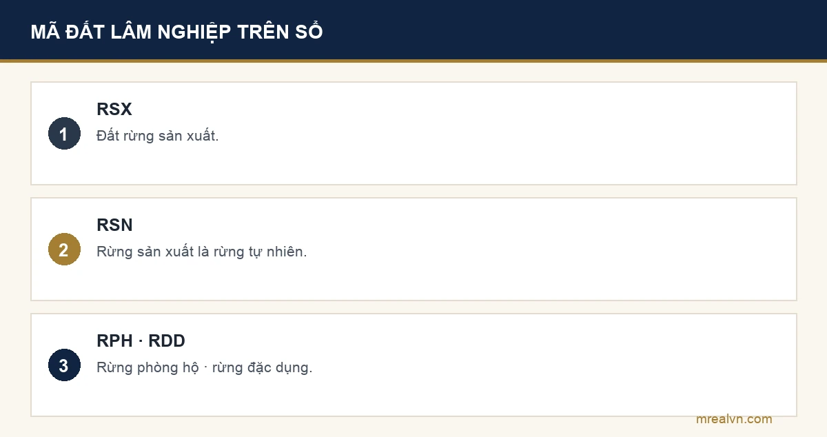 Bảng ba dòng mã đất theo Thông tư 08/2024/TT-BTNMT: RSX là đất rừng sản xuất; RSN là đất rừng sản xuất là rừng tự nhiên; RPH và RDD là đất rừng phòng hộ và đất rừng đặc dụng