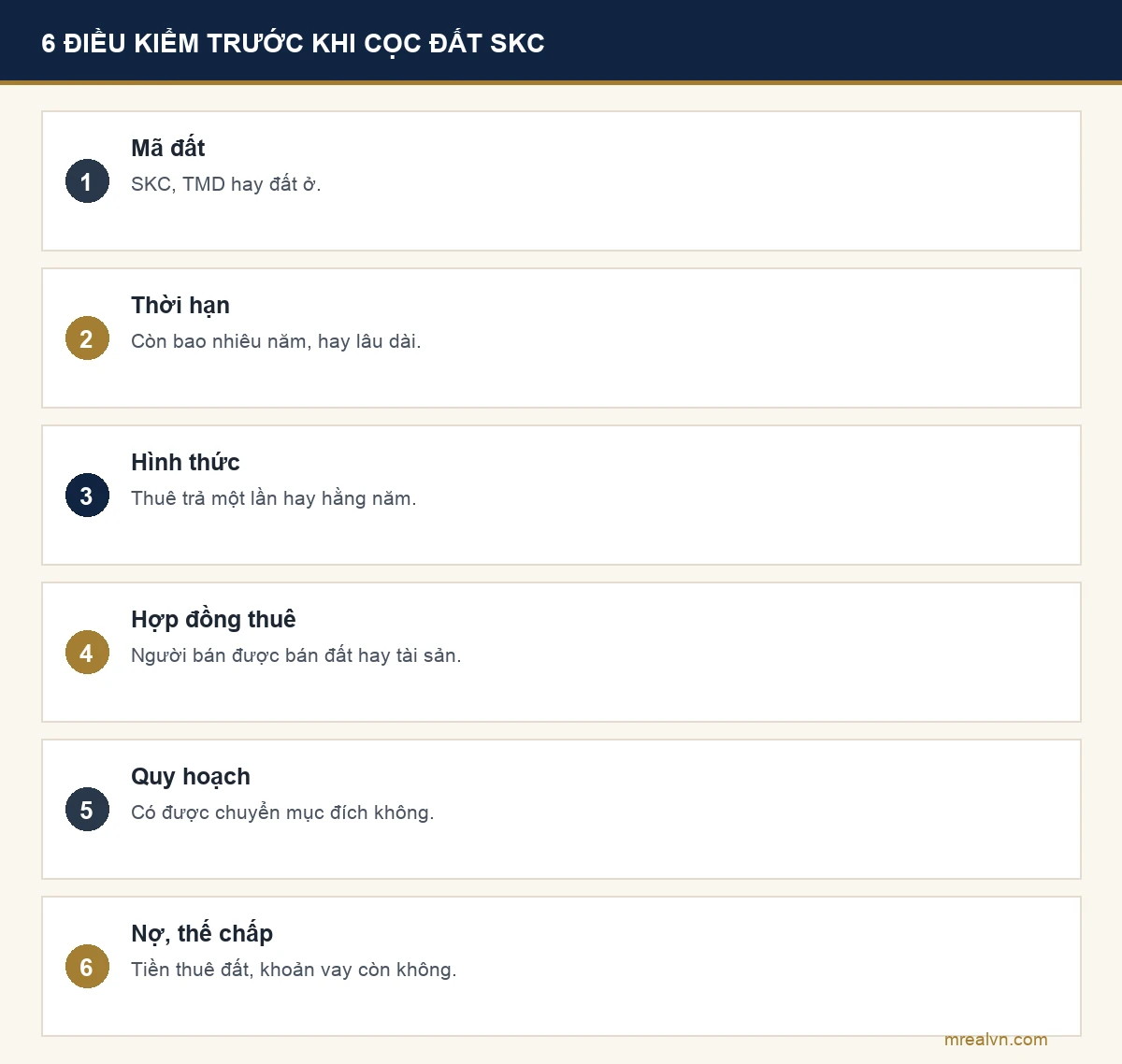 Bảng sáu điều cần kiểm trước khi đặt cọc đất SKC: mã đất trên sổ; dòng thời hạn sử dụng; hình thức thuê trả một lần hay hằng năm; hợp đồng thuê đất; quy hoạch thửa đất; đất có đang thế chấp hay còn nợ tiền thuê