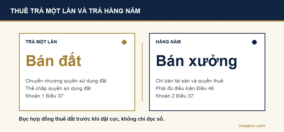 Sơ đồ so sánh: thuê trả tiền một lần cho cả thời gian thuê thì được chuyển nhượng, thế chấp quyền sử dụng đất theo khoản 1 Điều 37; thuê trả tiền hằng năm thì chỉ bán tài sản trên đất và quyền thuê khi đủ điều kiện Điều 46 Luật Đất đai 2024