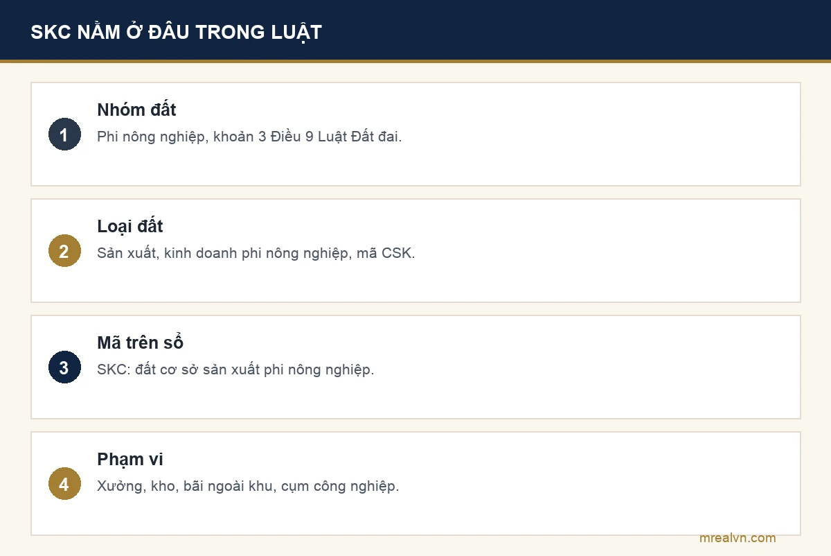 Bảng bốn dòng: nhóm đất phi nông nghiệp theo khoản 3 Điều 9 Luật Đất đai 2024; loại đất sản xuất, kinh doanh phi nông nghiệp mã CSK; đất cơ sở sản xuất phi nông nghiệp mã SKC theo Thông tư 08/2024; phạm vi là xưởng, kho, bãi gắn với sản xuất nằm ngoài khu, cụm công nghiệp