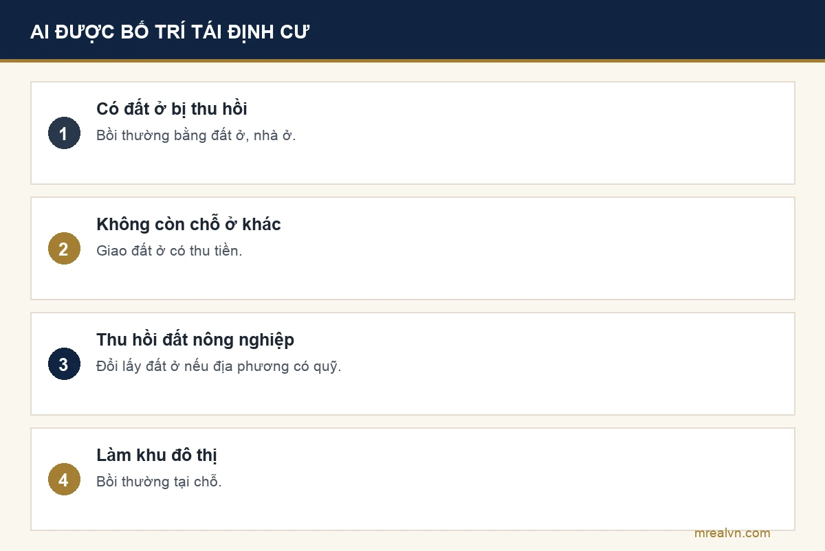 Bảng bốn dòng: người có đất ở bị thu hồi đủ điều kiện bồi thường; người phải di chuyển chỗ ở không đủ điều kiện nhưng không còn chỗ ở khác; người bị thu hồi đất nông nghiệp có nhu cầu; khu đô thị bồi thường tại chỗ