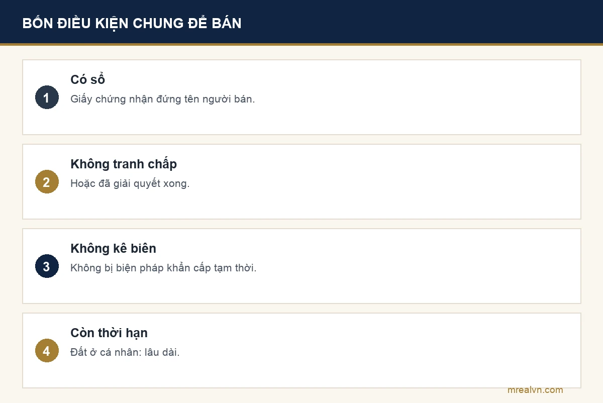 Bảng bốn dòng điều kiện chuyển nhượng: có Giấy chứng nhận; không tranh chấp; không bị kê biên hay áp dụng biện pháp khẩn cấp tạm thời; còn thời hạn sử dụng đất