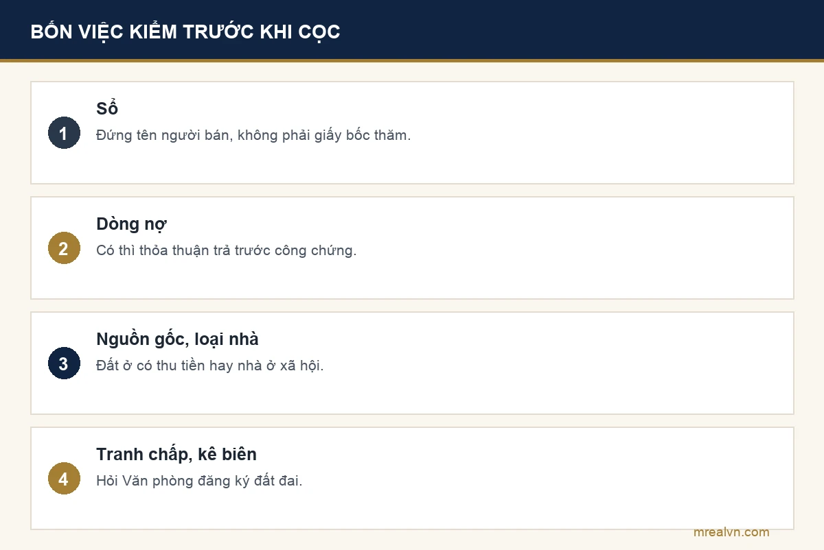 Bảng bốn dòng: sổ đứng tên người bán; dòng nợ tiền sử dụng đất; nguồn gốc và loại nhà; tranh chấp, kê biên tại Văn phòng đăng ký đất đai