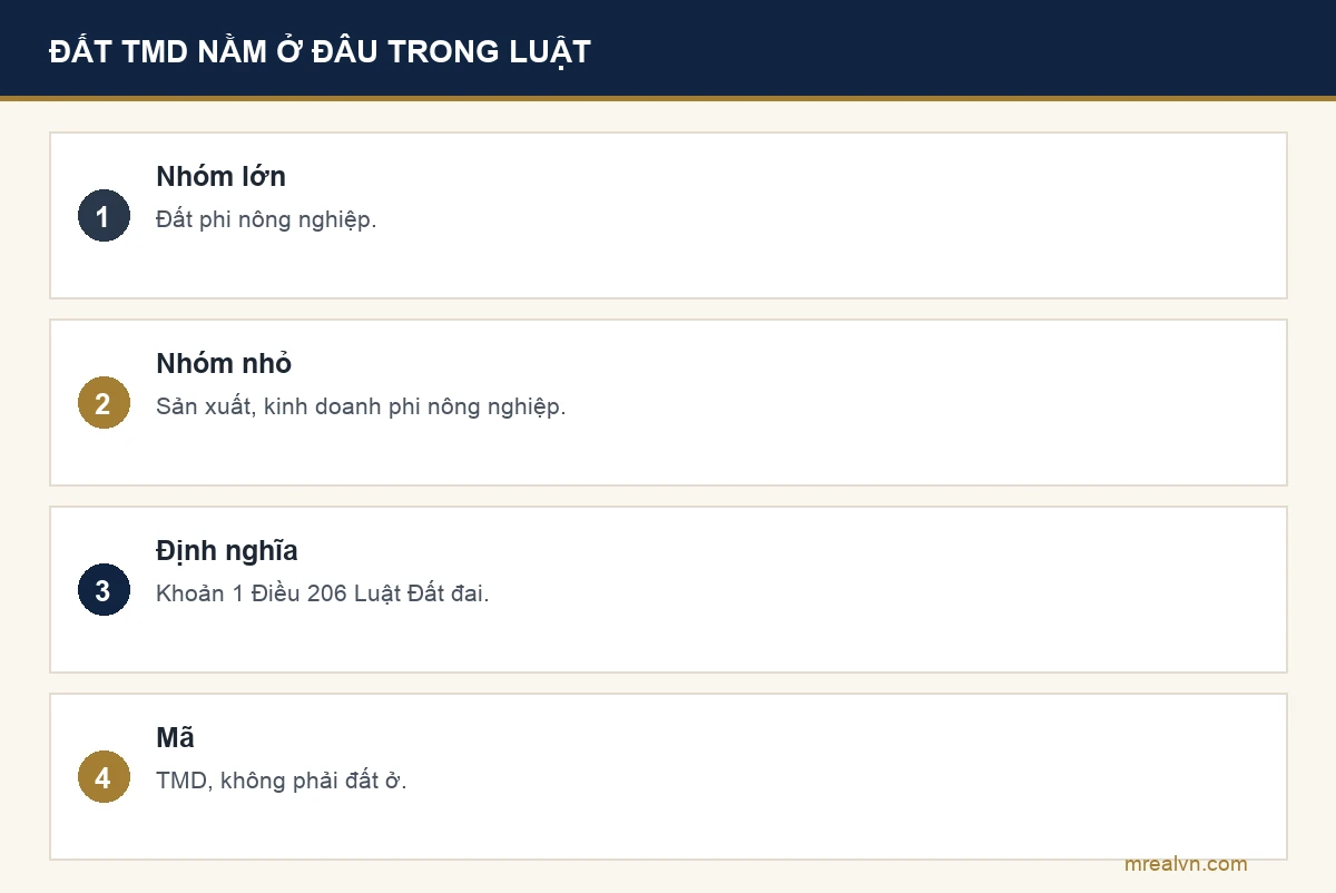 Bảng vị trí đất thương mại dịch vụ trong Luật Đất đai 2024: thuộc nhóm đất phi nông nghiệp, nhóm đất sản xuất kinh doanh phi nông nghiệp theo điểm đ khoản 3 Điều 9, định nghĩa ở khoản 1 Điều 206, mã TMD, không phải đất ở