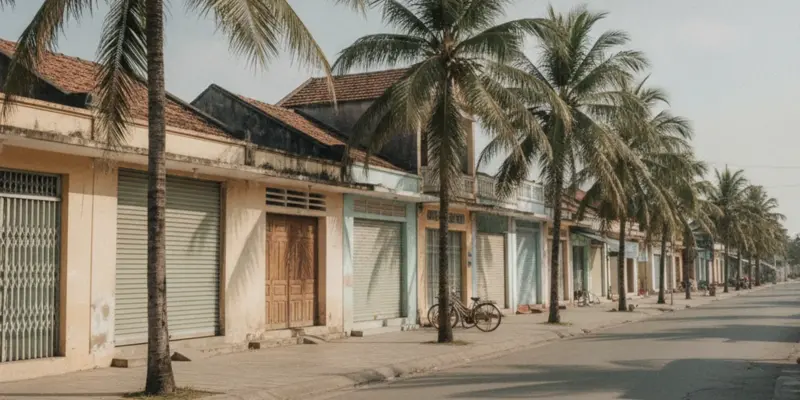 Ảnh bìa bài đất thương mại dịch vụ là gì: dãy cửa hàng và một khách sạn nhỏ bên con đường ở thị trấn ven biển Việt Nam