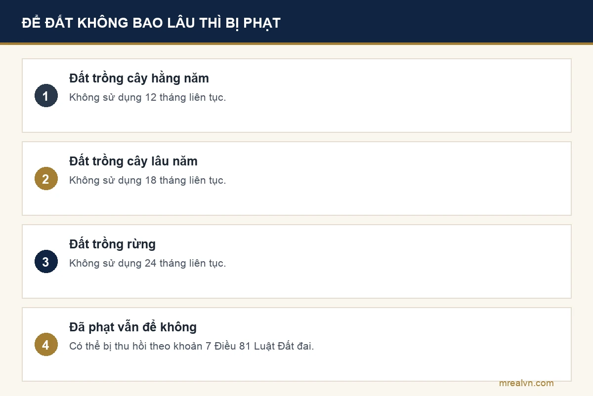 Bảng mốc thời gian không sử dụng đất bị xử phạt theo khoản 7 Điều 81 Luật Đất đai và Điều 24 Nghị định 123/2024: đất trồng cây hằng năm 12 tháng, đất trồng cây lâu năm 18 tháng, đất trồng rừng 24 tháng, đã bị phạt mà không đưa vào sử dụng thì có thể bị thu hồi