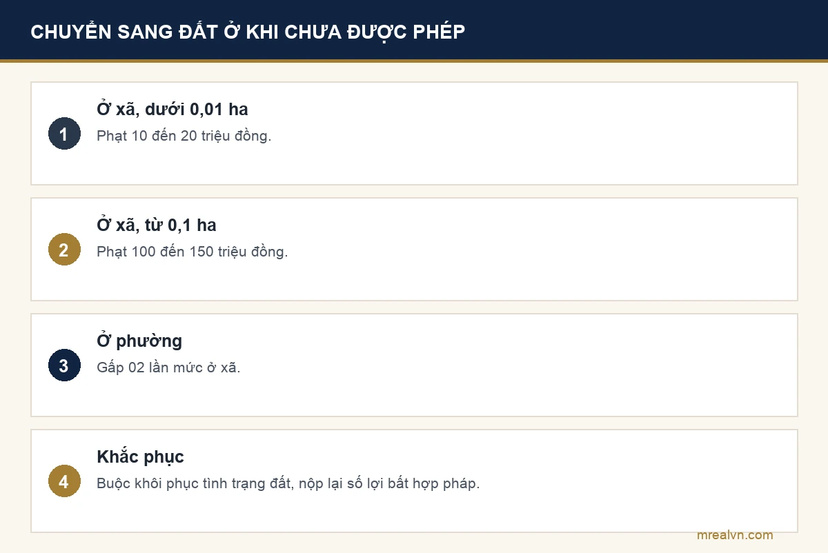 Bảng mức phạt cá nhân chuyển đất trồng cây lâu năm sang đất ở khi chưa được phép theo Điều 10 Nghị định 123/2024: ở xã dưới 0,01 ha phạt 10 đến 20 triệu đồng, từ 0,1 ha phạt 100 đến 150 triệu đồng, ở phường gấp đôi, kèm buộc khôi phục tình trạng ban đầu