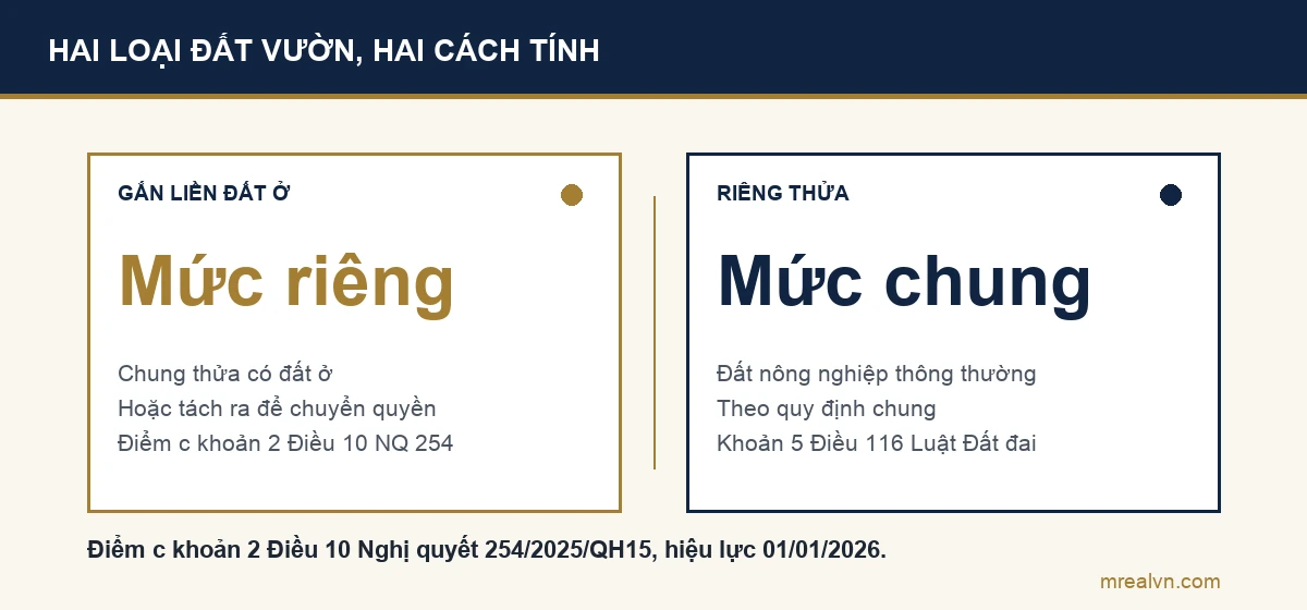 Sơ đồ so sánh: đất vườn, ao gắn liền đất ở gồm vườn chung thửa có đất ở, vườn tách ra để chuyển quyền hoặc do đo vẽ trước 01/7/2014, được tính tiền sử dụng đất theo mức riêng ở điểm c khoản 2 Điều 10 Nghị quyết 254/2025/QH15; đất vườn riêng thửa từ đầu là đất nông nghiệp thông thường