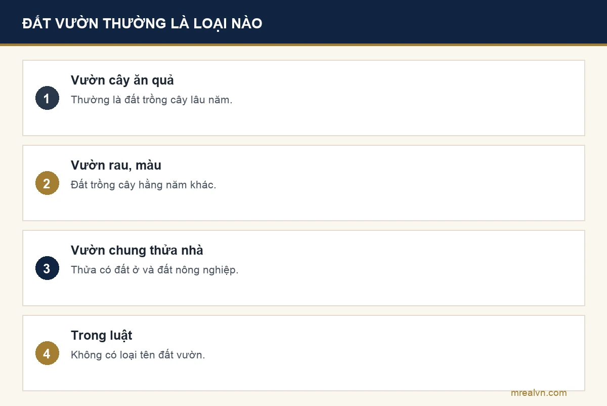 Bảng đất vườn đối chiếu với loại đất trong luật theo khoản 2 Điều 9 Luật Đất đai 2024 và Điều 4 Nghị định 102/2024: vườn cây ăn quả thường là đất trồng cây lâu năm CLN; vườn rau, màu là đất trồng cây hằng năm khác HNK; vườn chung thửa nhà là thửa có đất ở và đất nông nghiệp
