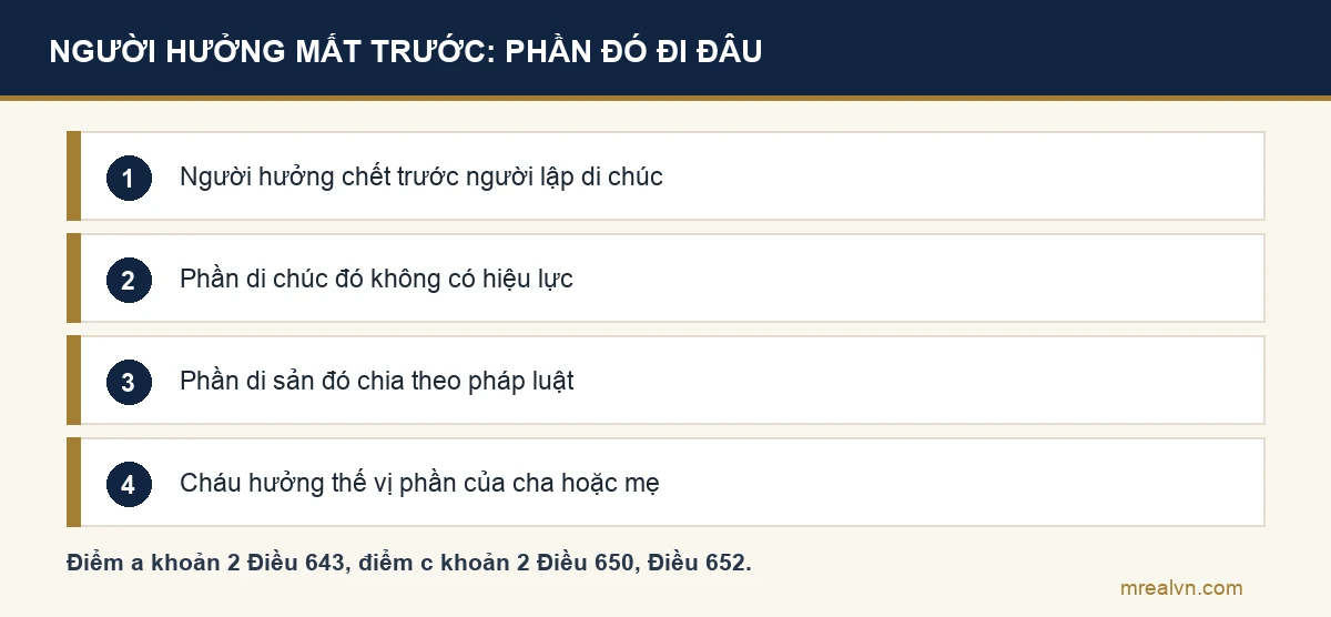 Sơ đồ bốn bước: người được hưởng chết trước người lập di chúc; phần di chúc đó không có hiệu lực theo điểm a khoản 2 Điều 643; phần di sản đó chia theo pháp luật theo điểm c khoản 2 Điều 650; cháu hưởng thế vị phần của cha hoặc mẹ theo Điều 652