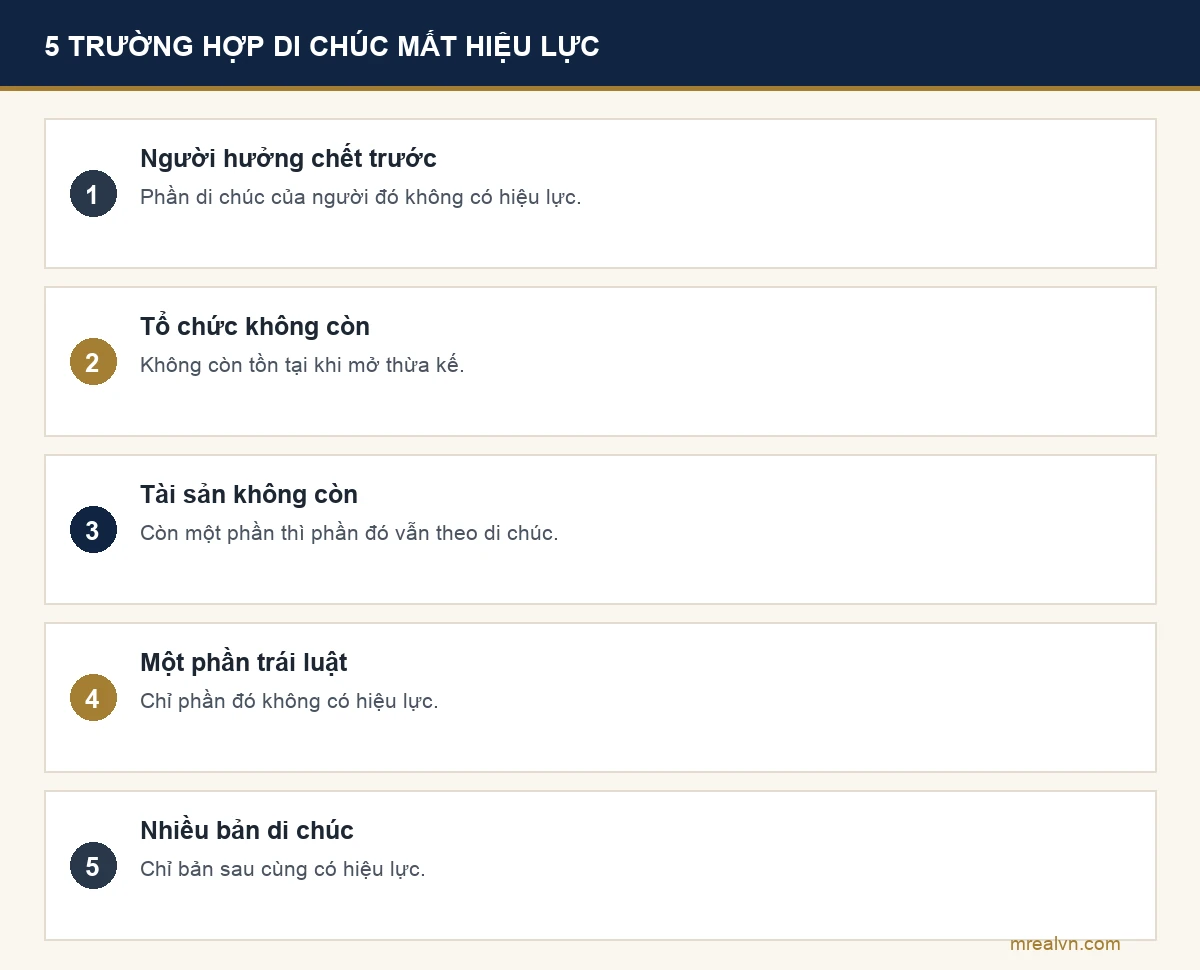 Bảng năm trường hợp di chúc không có hiệu lực theo khoản 2 đến khoản 5 Điều 643 Bộ luật Dân sự 2015: người hưởng chết trước; tổ chức được chỉ định không còn; tài sản không còn; một phần di chúc trái luật; có nhiều bản di chúc thì chỉ bản sau cùng có hiệu lực